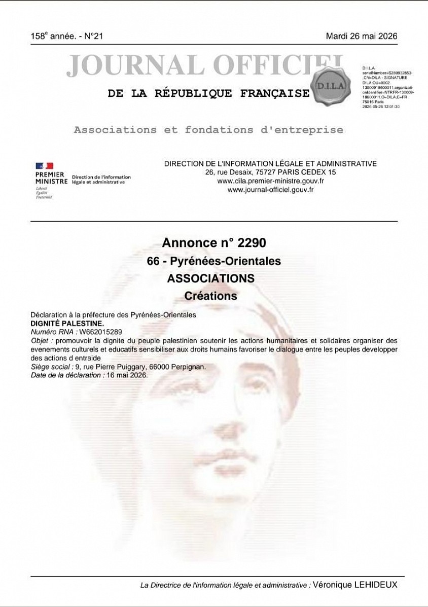 Parution journal officiel. Dignité Palestine